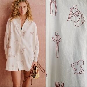 SEZANE x ROBERTO RUSPOLI Greco Roman Ecru Embroidered Linen Maxina Shirt Dress